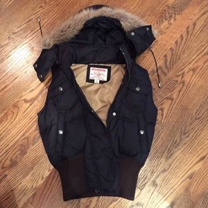 True Religion black vest with fur lined hood